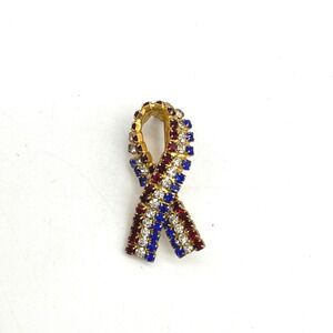 Red White Blue Rhinestone Ribbon Brooch Pin‎ Patriotic Awareness Jewelry